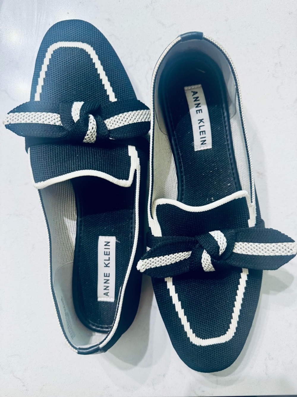 Anne Klein Black and Off White Knitted Bow Loafers 10